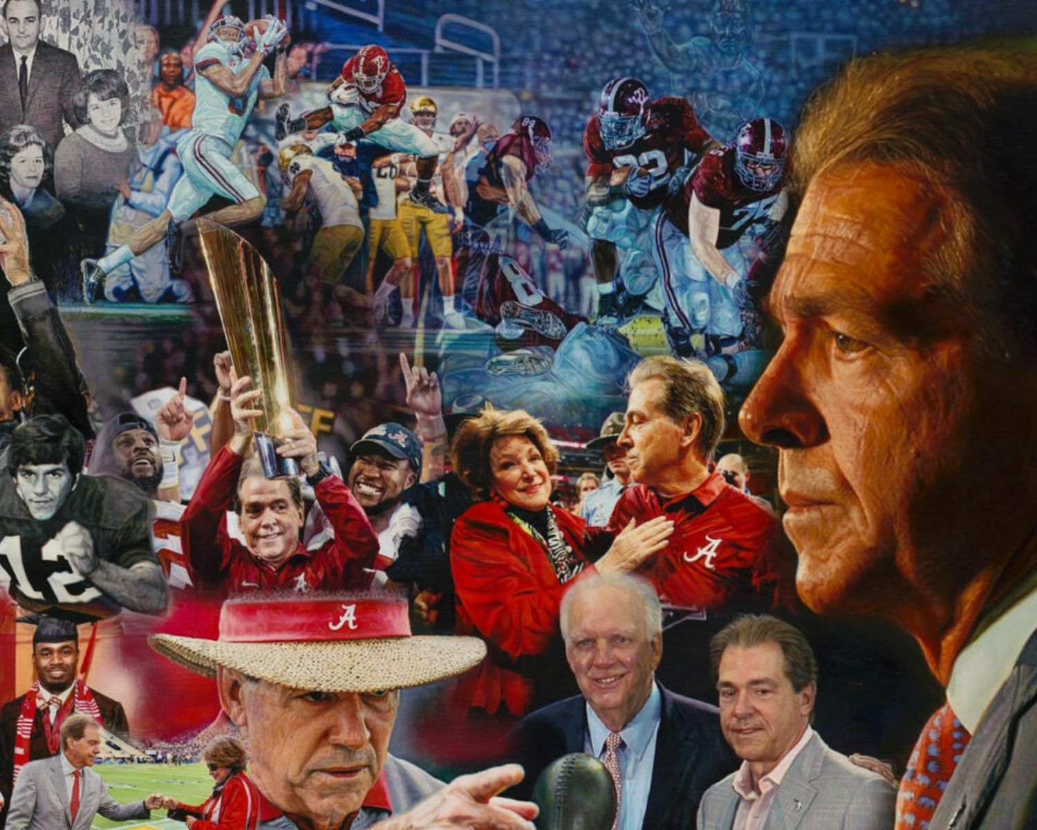 Super-realistic painting by Steve R. Skipper depicting University of Alabama football history